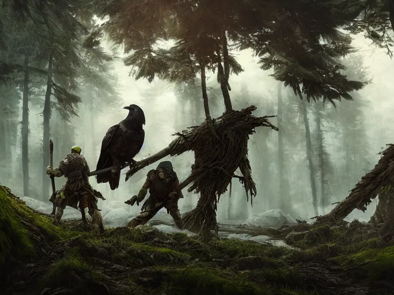 Image similar to Heroic Woodsmen treading forest with their Companion Raven, RPG Landscape, Oil Painting, Trending on Artstation, octane render, Insanely Detailed, 8k, HD