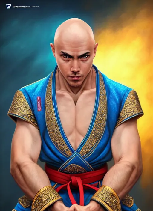 Image similar to bald male martial artist with a ponytail at the top of his head!!! asian facial features and blue eyes!! intricate ornate blue robes!! character concept art, sharp focus, octane render! unreal engine 5! highly rendered!! trending on artstation!! detailed linework!! illustration by artgerm, wlop, and chie yoshii