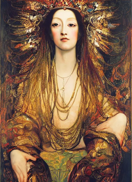 Image similar to oil painting of portait Queen of Ecstasy, Hungarian, by Yoshitaka Amano, by Georgia o Keeffe, by Gustave Moreau, By Marcel Jankowicz