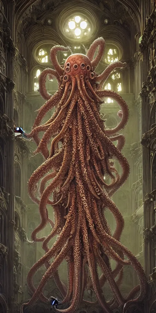 Prompt: group of mankind species mages with big octopus heads and a lot of translucent jellyfishes floating around inside an ancient mage castle hall colossal scale, gothic and baroque, brutalist architecture, ultradetailed, Intricate by Ellen Jewett and Josan Gonzalez and Giuseppe Arcimboldo