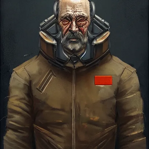 Image similar to A portrait of brutal soviet granddad cyborg by Edurard Nabiullin, Trending on artstation, dark color scheme