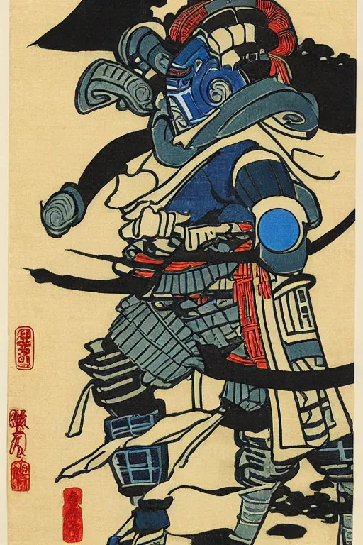 Prompt: Japanese woodblock print of r2d2 as a samurai , hokusai