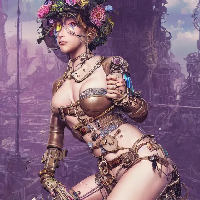 Image similar to the portrait of true neutral semi - colorful female steampunk cyborg mechanist as absurdly beautiful, gorgeous, elegant, young swimsuit model, an ultrafine hyperdetailed illustration by kim jung gi, irakli nadar, intricate linework, bright colors, octopath traveler, final fantasy, unreal engine 5 highly rendered, global illumination, radiant light, detailed and intricate environment