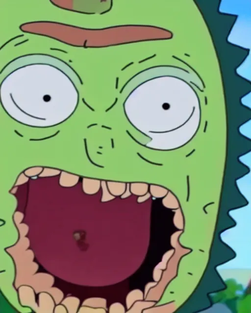 Image similar to film still close - up shot of pickle rick in the tv show rick & morty. photographic, photography