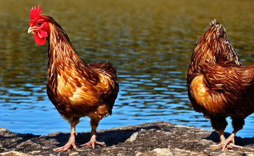 Image similar to Professional photo of a Close up photo of a chicken, drinking water from a lake in Tasmania, bokeh, 100mm lens, 8K award winning nature photography