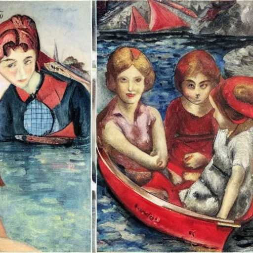 Image similar to rich details red by max weber. the collage of a group of well - dressed women & children enjoying a leisurely boat ride on a calm day. the women are chatting & laughing while the children play with a toy boat in the foreground.