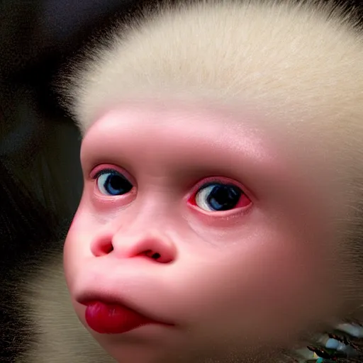 Image similar to magical scene. the sweet old very fat baby white monkey, red lips, blue eyes, is in love with her fancy beautiful colorful white fish. close up. clear face. subsurface scattering shiny skin. cinematic scene. glossy. highly detailed, color harmony, art station, ornate, caravaggio style. 3 d, beautiful lighting, old photography