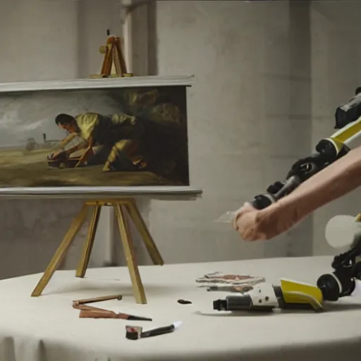 Prompt: a film still of a painter sitting at a table being dragged from his drawing table by a robot