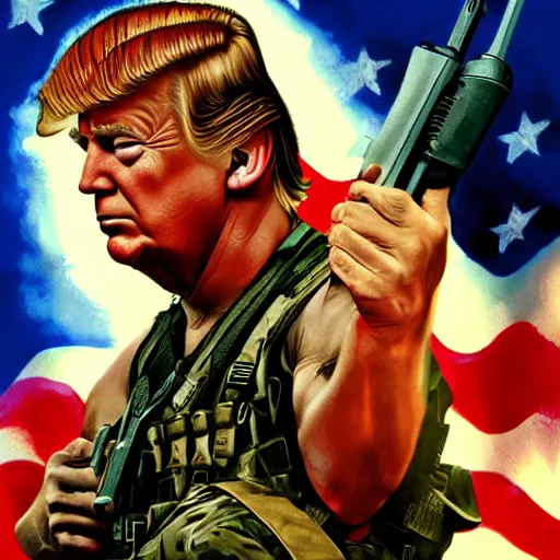 Image similar to trump as rambo, movie poster, digital art, drew struzan