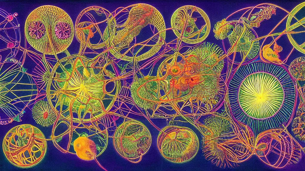 Image similar to quantum connections represented as symbiotic organisms like cells playing around with colorful lights by ernst haeckel, shinny