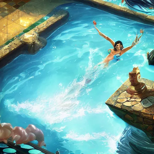 Image similar to league of legends splash art swimming in pool by bo chen
