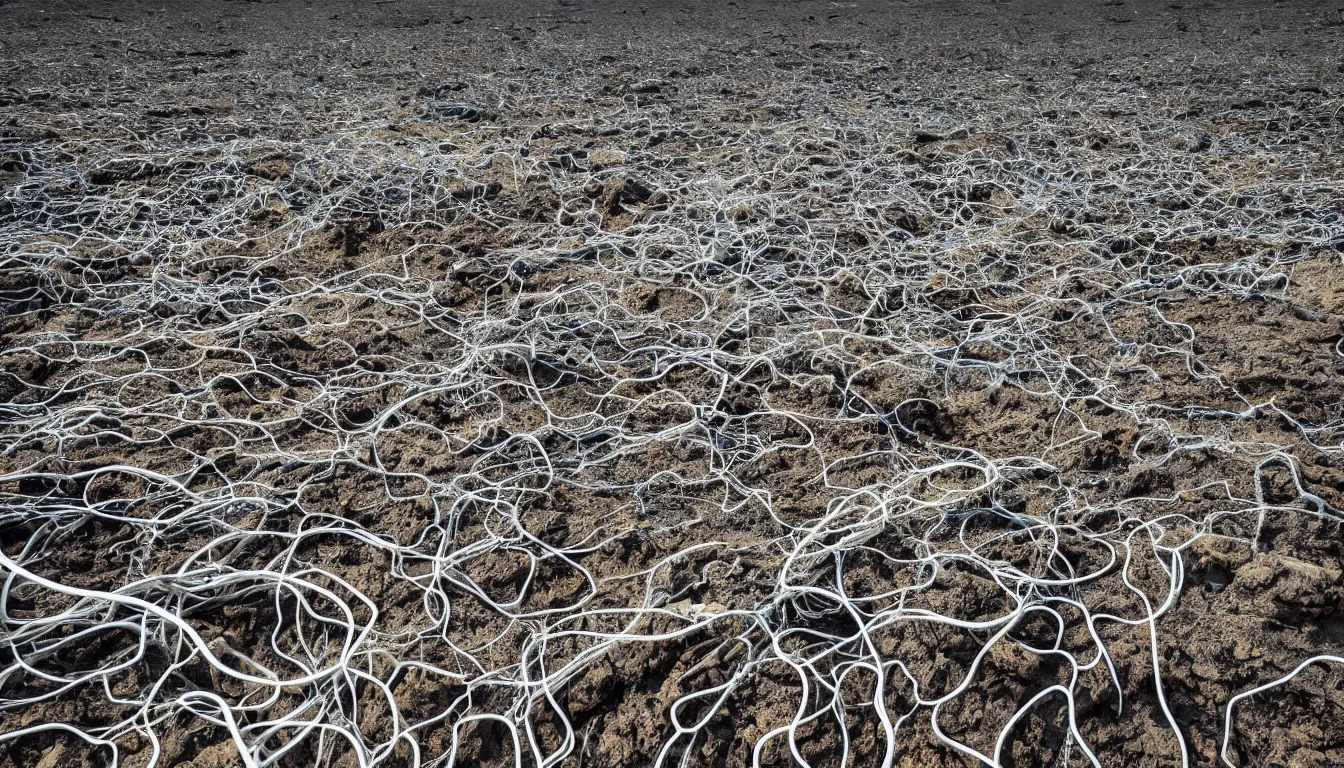 Prompt: Dry rivers scattered with hundreds of fish skeletons , decimated barren lands littered with emerging wires and cables that grow like plants , full colour , upscale , 4k