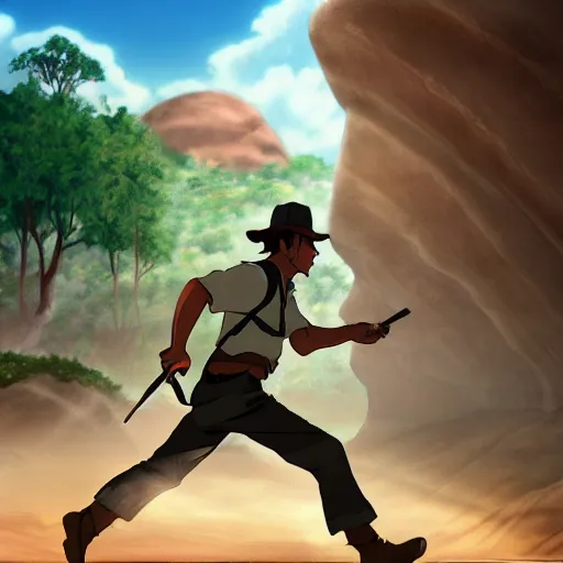 Image similar to Indiana Jones running away from boulder trap, boulder chase, underground sandstone temple background, giant round stone chasing Indian Jones, raiders of the lost ark, anime key visual