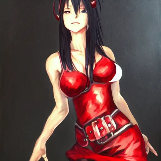 Image similar to oil painted portrait of tifa lockhart from from final fantasy 7 in her signature red dress with the steam punk city midgard as backdrop, by master artist yoshitaka amano trending on artstation