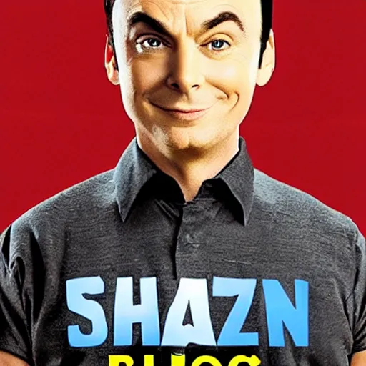 Image similar to movie poster of Sheldon from The Big Bang theory saying Bazinga while standing on a small island