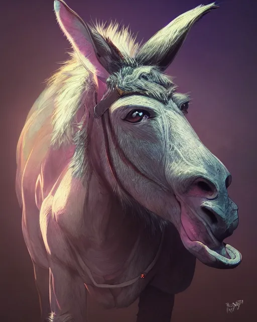 Prompt: an ugly donkey, fantasy art, in the style of artgerm, illustration, epic, fantasy, intricate, hyper detailed, artstation, concept art, smooth, sharp focus, ray tracing, vibrant