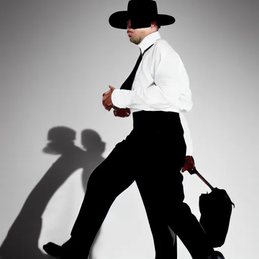 Prompt: man in suit walking towards camera with white background. wearing suit and hat. strong shadows. high contrast. serious look. carrying a pistol