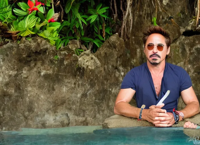 Image similar to a full portrait photo of robert downey jr holiday in bali, f / 2 2, 3 5 mm, 2 7 0 0 k, lighting, perfect faces, award winning photography.