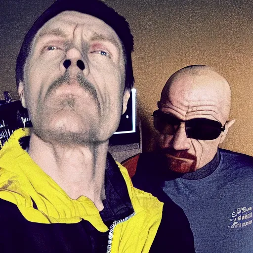 Image similar to A still of Jerma taking a selfie with Walter White in Albuquerque, New Mexico with a yellow filter, real life, hyperrealistic, ultra realistic, realistic, highly detailed, epic, HD quality, 8k resolution, body and headshot, Trending on Artstation, very realistic