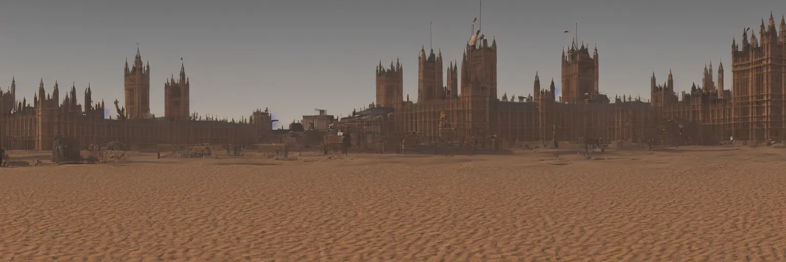 Image similar to london in a drought, covered with sand and corroding buildings, 4k, unreal 5