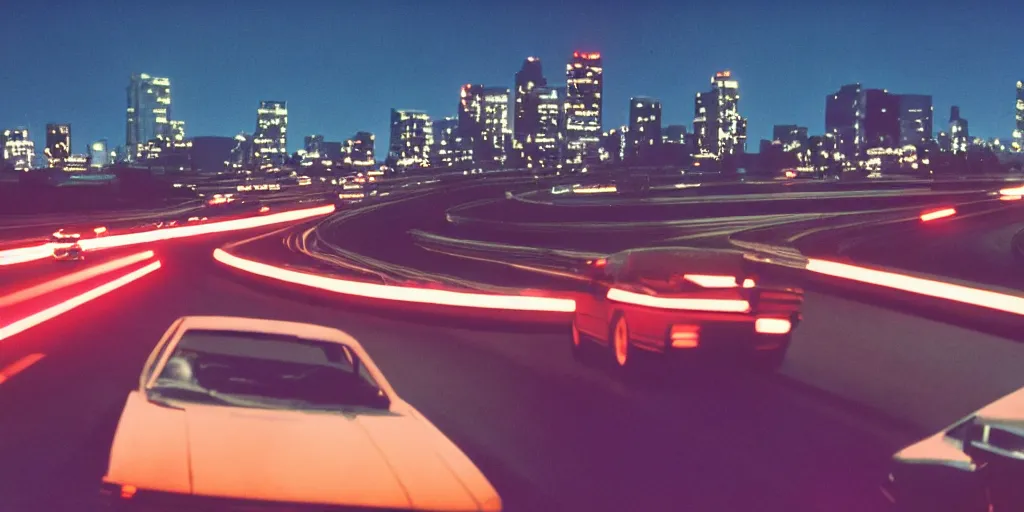 Image similar to 8 0 s movie still, high speed car chase on the highway at night with bright city in background, medium format color photography, 8 k resolution, arri 3 5 mm cinema, hyperrealistic, photorealistic, high definition, highly detailed, tehnicolor, anamorphic lens, award - winning photography, masterpiece