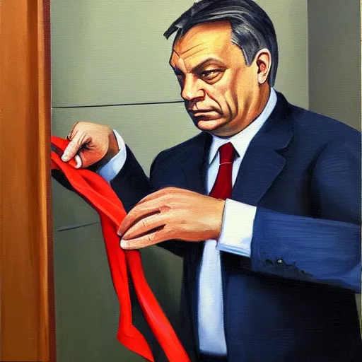 Image similar to viktor orban fixing his tie in a cubicle, oil painting