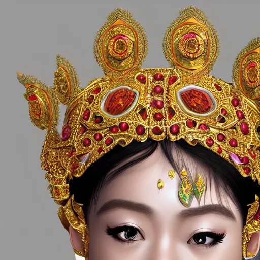 Image similar to an asian female goddess, ornate, headpiece, 8 k, photorealistic, intrinsic details, trending in artstation