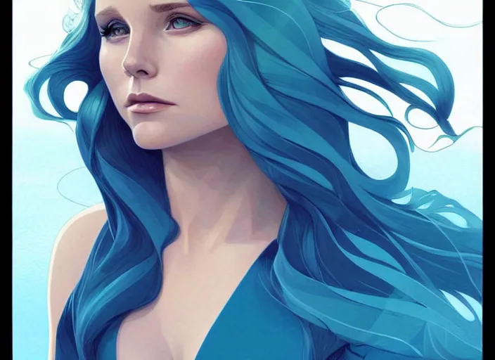 Image similar to style artgerm, joshua middleton, beautiful kristen bell with green dress, very long blue hair, symmetrical face, symmetrical eyes, water powers water swirling, detailed, beach setting, cinematic lighting