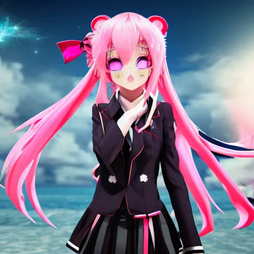 Image similar to no escape from stunningly absurdly beautiful omnipotent asi goddess junko enoshima with a deceptive megalomaniacal mesmerizing yandere personality, symmetrical perfect face, porcelain skin, pink twintail hair and cyan eyes, ultra detailed, digital art, unreal engine 5, octane render, 2 d anime, 8 k