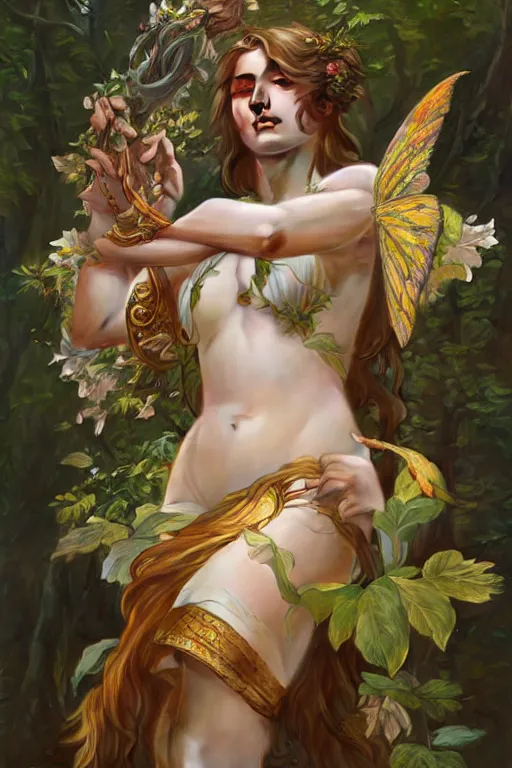 Image similar to goddess of nature, accurate anatomy, only two hands, highly detailed, digital painting, artstation, concept art, smooth, sharp focus, illustration, Unreal Engine 5, 8K, art by artgerm and greg rutkowski and Alphonse Mucha