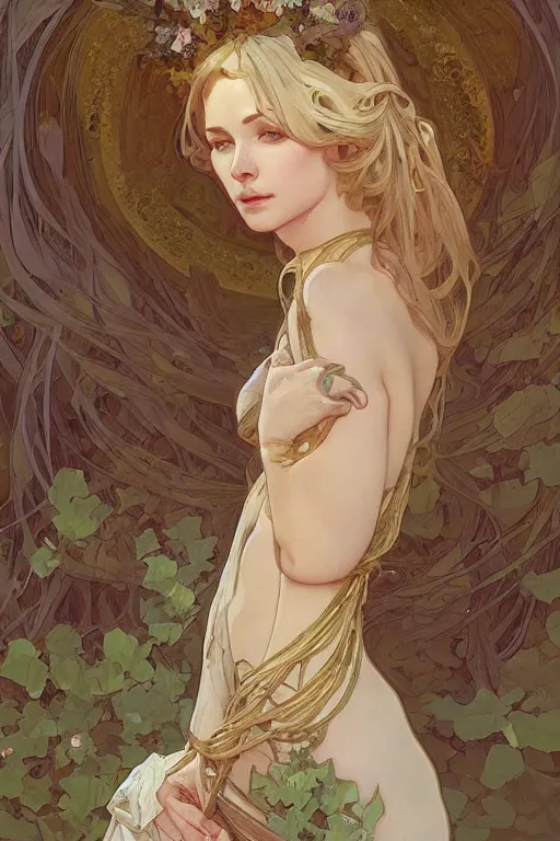 Prompt: beautiful natural coy cottagecore goddess maiden, master life drawing, intricate, elegant, highly detailed, digital painting, artstation, concept art, smooth, sharp focus, illustration, art alphonse mucha and james gurney and marc simonetti and wlop