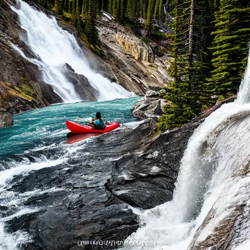 Prompt: a kayak descends Takakkaw Falls waterfall in Yoho National Park, photography in the style of National Geographic