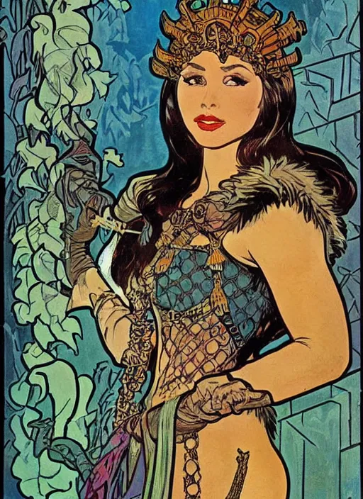 Image similar to a beautiful young woman. she is a barbarian, dressed in fur and chain mail. well composed, clean elegant painting, beautiful detailed face. retro comic book art by steve ditko and jack kirby and ( alphonse mucha )