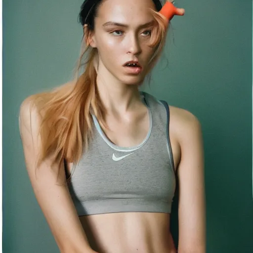 Image similar to realistic! photoshoot for a new nike lookbook, color film photography, portrait of a beautiful woman, photo in style of Paola Kudacki , 35mm