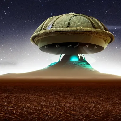 Prompt: gigantic alien mothership, super realistic, night, desert landscape