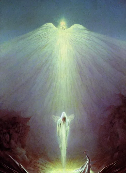 Prompt: giant white glowing angel rising above fallen demon lying on the foggy ground by wayne barlowe, wes anderson, arnold böcklin, roger dean, mikalojus konstantinas ciurlionis, mikhail vrubel and wadim kashin, rich moody colours, 90-s anime, ethereal, lo-fi retro videogame