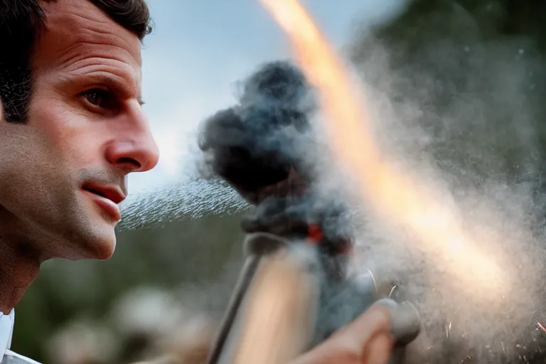 Image similar to closeup portrait of emmanuel macron dressed as napoleon firing cannons on the beach england, natural light, sharp, detailed face, magazine, press, photo, steve mccurry, david lazar, canon, nikon, focus