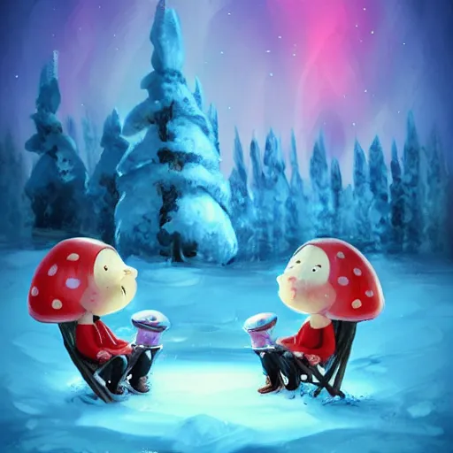 Image similar to two smiling and expressive chibi mushroom characters sitting around a campfire near a frozen forest, tundra setting, dramatic night sky, aurora borealis. very very very beautiful artwork, trending on artstation, digital artwork, cinematic lighting, 4K, amazing artwork, trending on Behance award-winning art