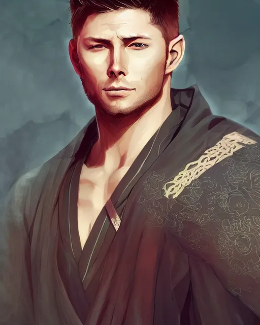 Image similar to an anime portrait of jensen ackles as a beautiful man wearing a kimono from skyrim, by stanley artgerm lau, wlop, rossdraws, james jean, andrei riabovitchev, marc simonetti, and sakimichan, trending on artstation