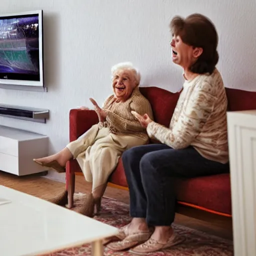 Prompt: laughing grandma watching satan on the tv