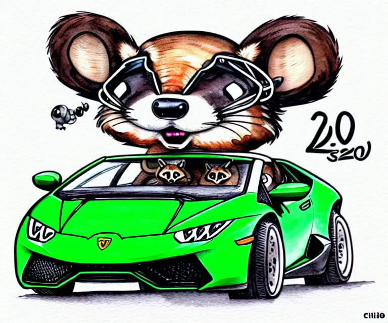 Image similar to cute and funny, racoon wearing a helmet riding in a tiny 2 0 2 0 lamborghini huracan sto, ratfink style by ed roth, centered award winning watercolor pen illustration, isometric illustration by chihiro iwasaki, edited by range murata