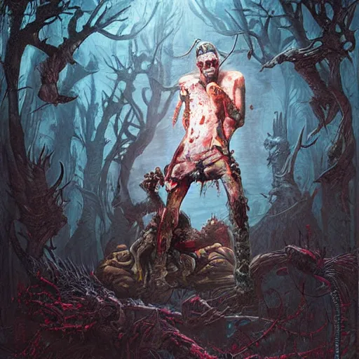 Prompt: fantasy painting with a tattooed punk rock zombie male in a surreal magical environment by Greg Rutkowski and Michael Whelan w 1024