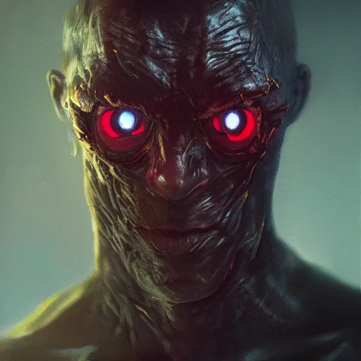 Image similar to a hyper realistic portrait painting of a half bat half man, glowing eyes, creepy, backlight, horror vibe, real, realistic lighting in the style of greg rutkowski, trending on artstation,