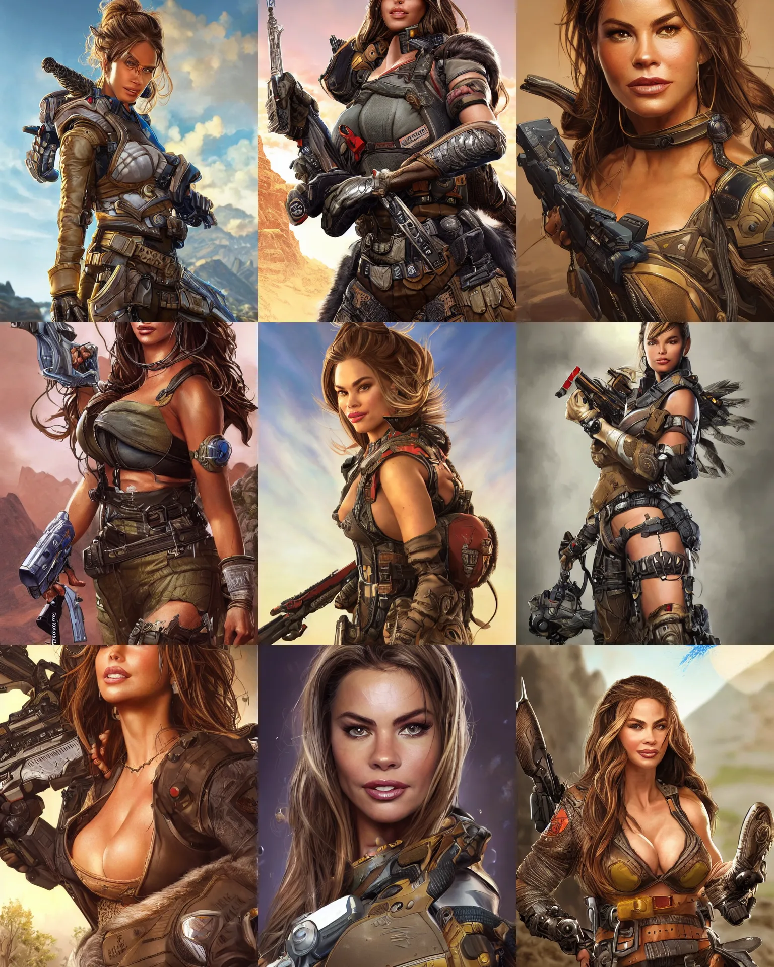 Prompt: Sofia Vergara as an Apex Legends character digital illustration portrait design by, Mark Brooks and Brad Kunkle detailed, gorgeous lighting, wide angle action dynamic portrait