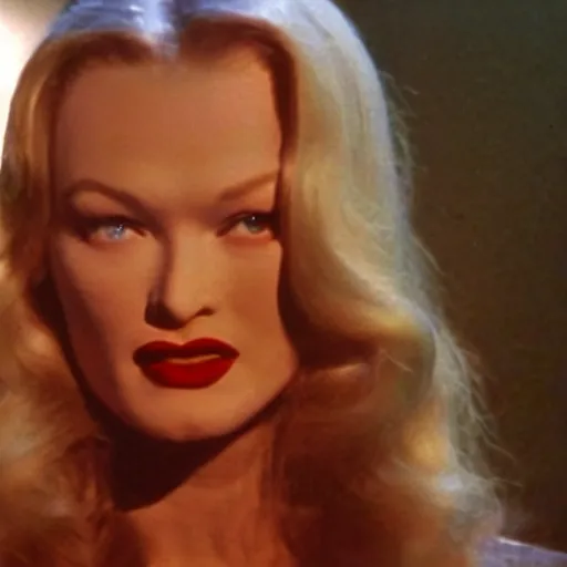 Prompt: veronica lake in a 1980s horror movie, movie still, dramatic lighting