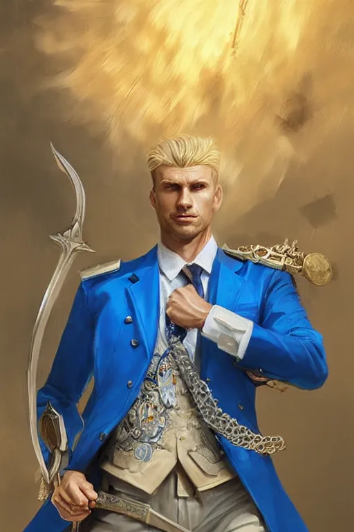 Image similar to side profile of a blonde man in a blue suit with medals on it dual wielding a sword and a pistol, highly detailed, d & d, fantasy digital painting, trending on artstation, concept art, sharp focus, illustration, volumetric light, intricate, art by artgerm and greg rutkowski