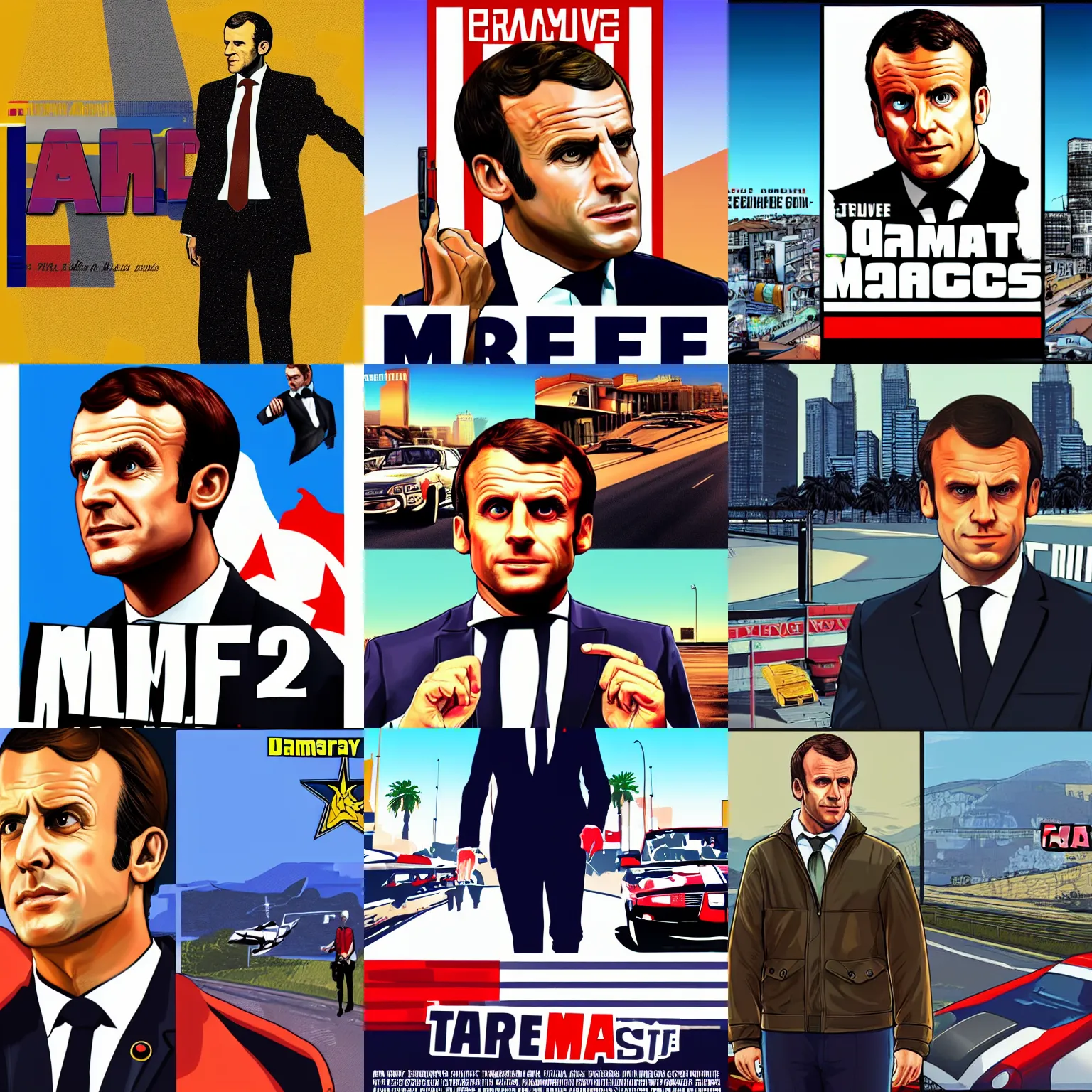 Prompt: emmanuel macron as a gta title card, game graphic, poster