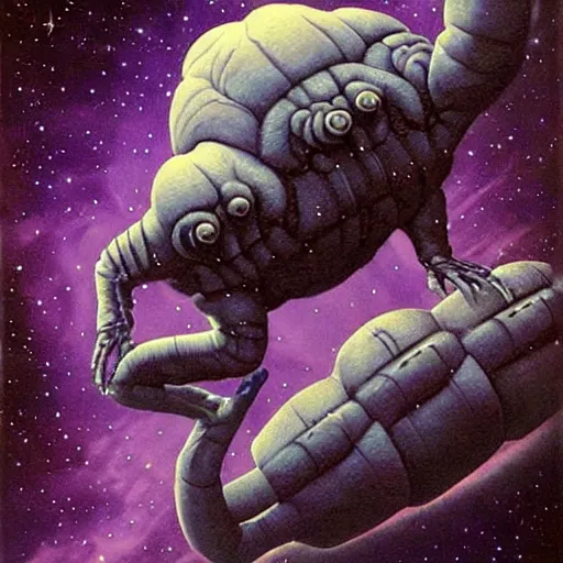 Image similar to the alien transcendent cosmic tardigrade that awaits you at the end of all of space and time, by gerald brom and ansel adams