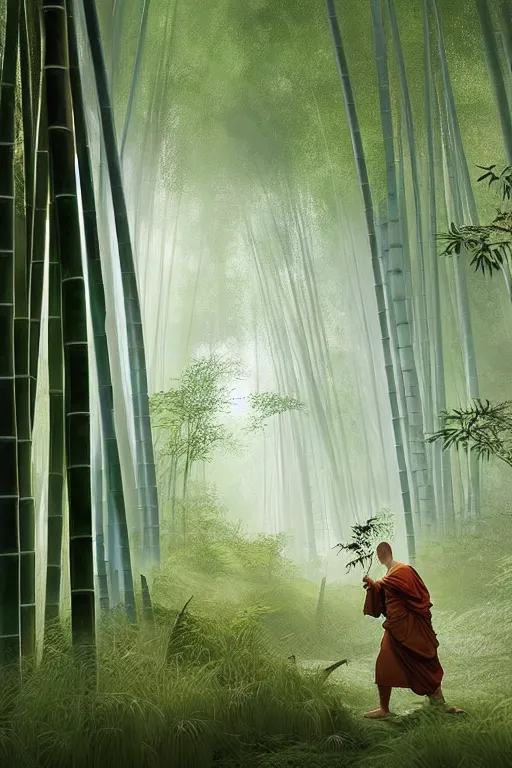 Image similar to a komuso monk in a mysterious japanese bamboo forest with light shafts, atmospheric lighting, by greg rutkowski, ultra realistic, concept art, intricate details, highly detailed, photorealistic, octane render, 8 k, unreal engine