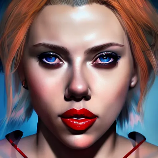 Image similar to Scarlett Johansson as Harley Quinn, digital portrait, artstation, cgsociety, 4k, high detail